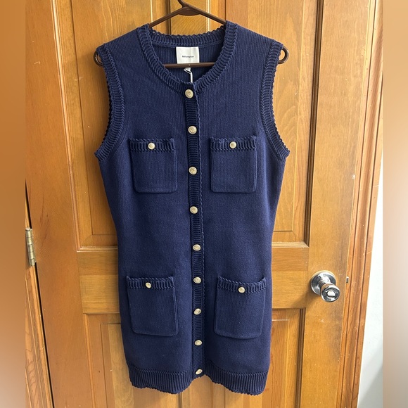 Reformation Large Catalina  Cotton Mini Dress size L Navy with Gold Details - Picture 5 of 10